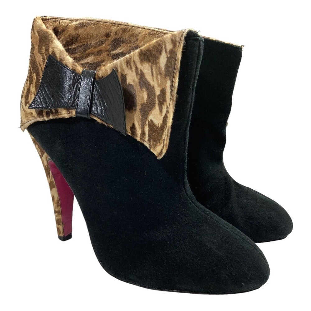 Betsey Johnson Tobi Black Suede/Leopard Print Ankle Boots Womens 7.5M
